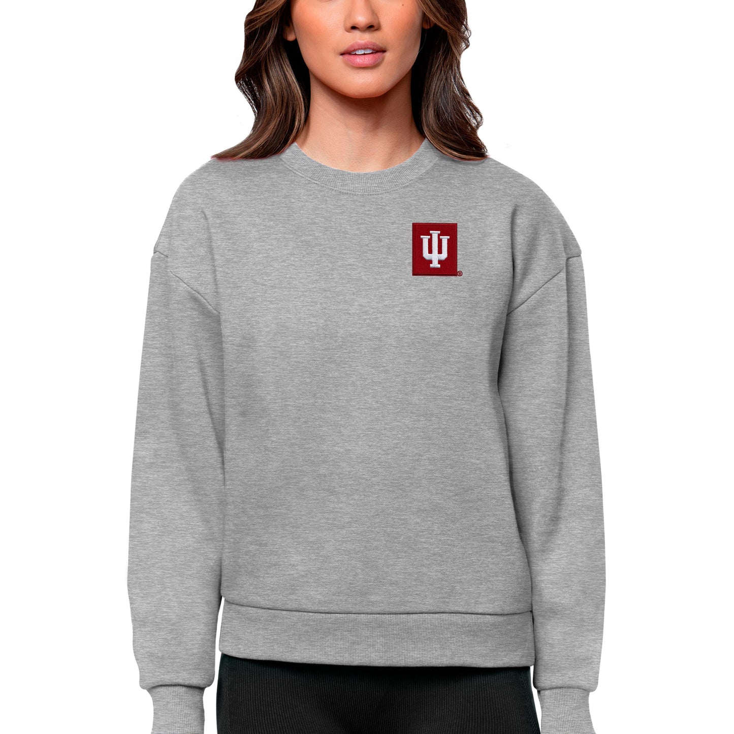 Women's Antigua Heather Gray Indiana Hoosiers Logo Victory Crewneck Pullover Sweatshirt