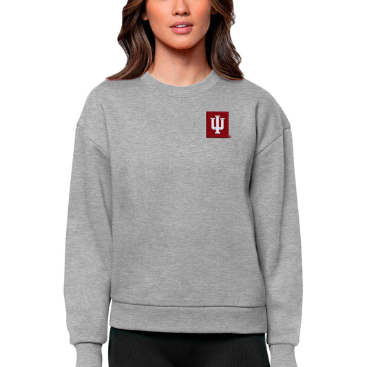 Women's Antigua Heather Gray Indiana Hoosiers Logo Victory Crewneck Pullover Sweatshirt