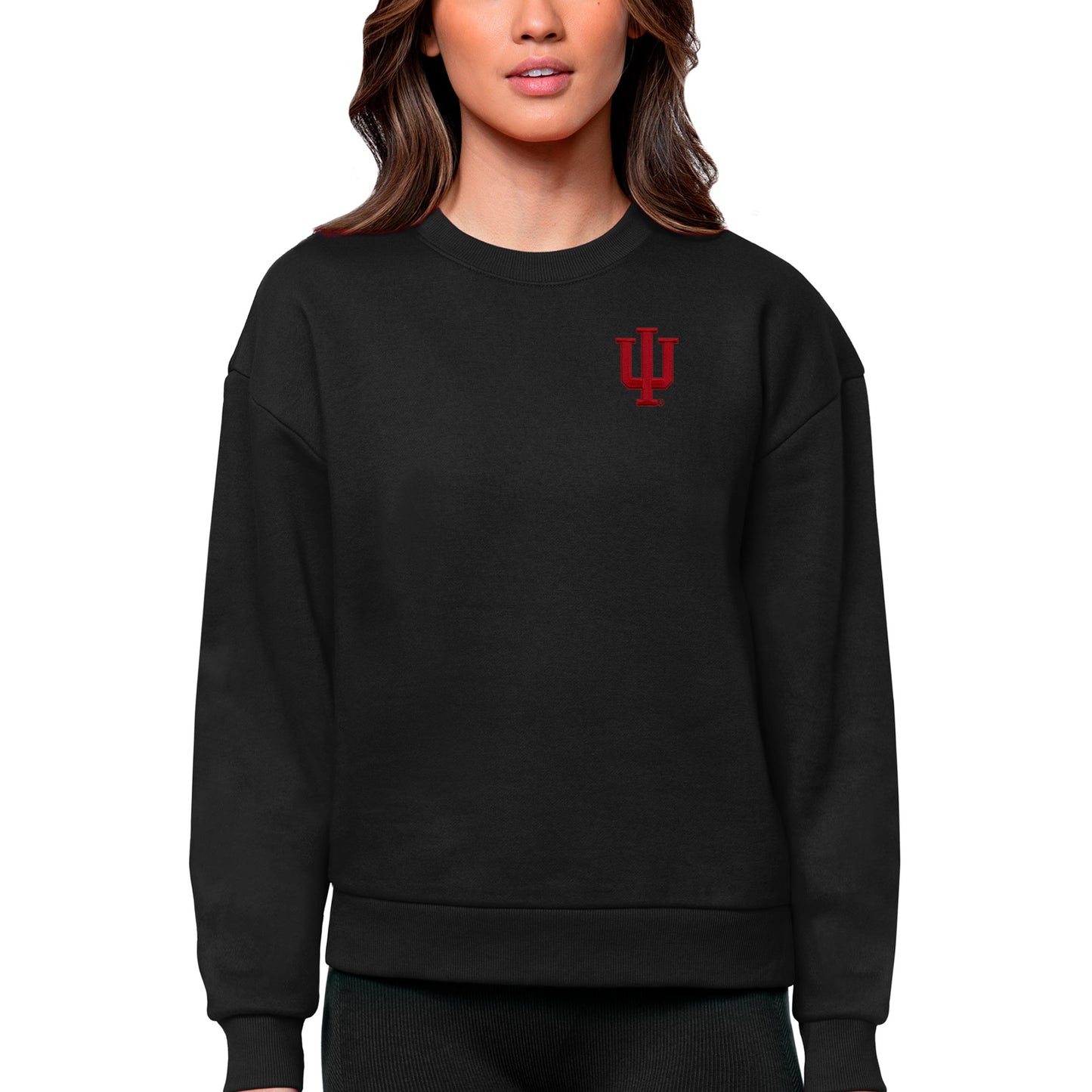 Women's Antigua Black Indiana Hoosiers Logo Victory Crewneck Pullover Sweatshirt