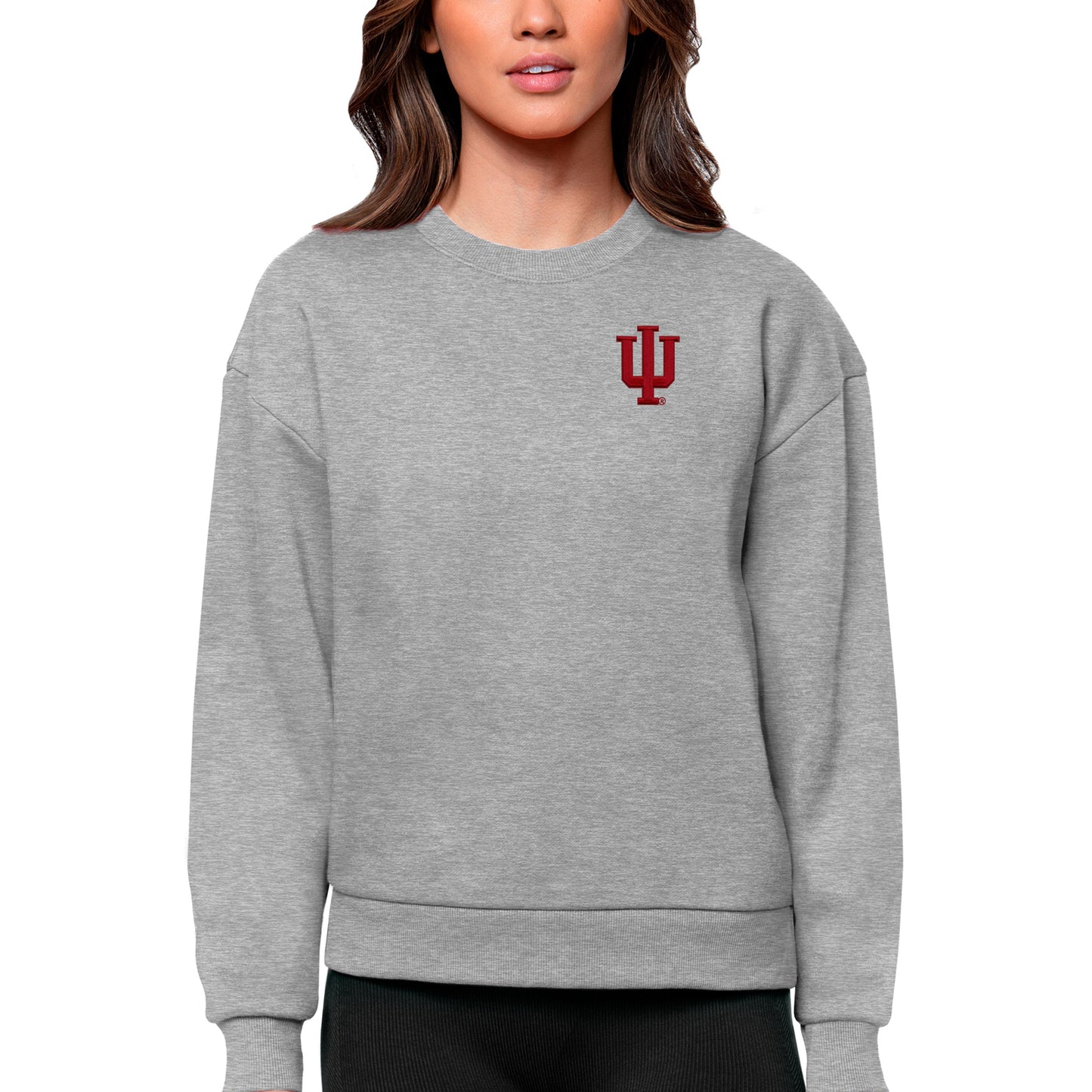 Women's Antigua Heather Gray Indiana Hoosiers Logo Victory Crewneck Pullover Sweatshirt