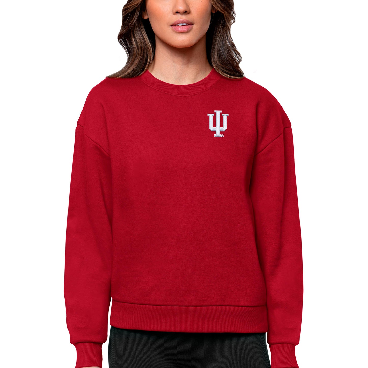 Women's Antigua Crimson Indiana Hoosiers Logo Victory Crewneck Pullover Sweatshirt