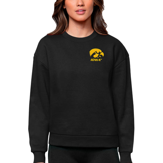 Women's Antigua Black Iowa Hawkeyes Logo Victory Crewneck Pullover Sweatshirt