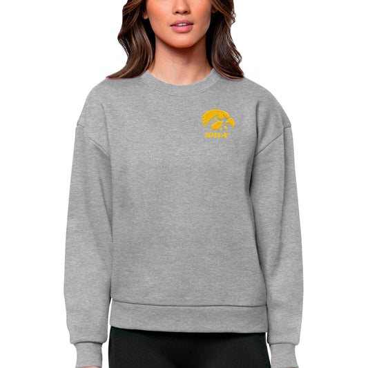 Women's Antigua Heather Gray Iowa Hawkeyes Logo Victory Crewneck Pullover Sweatshirt