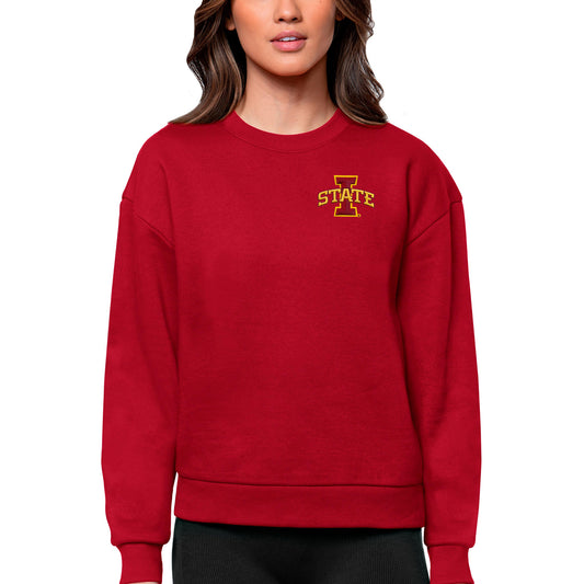 Women's Antigua Cardinal Iowa State Cyclones Logo Victory Crewneck Pullover Sweatshirt
