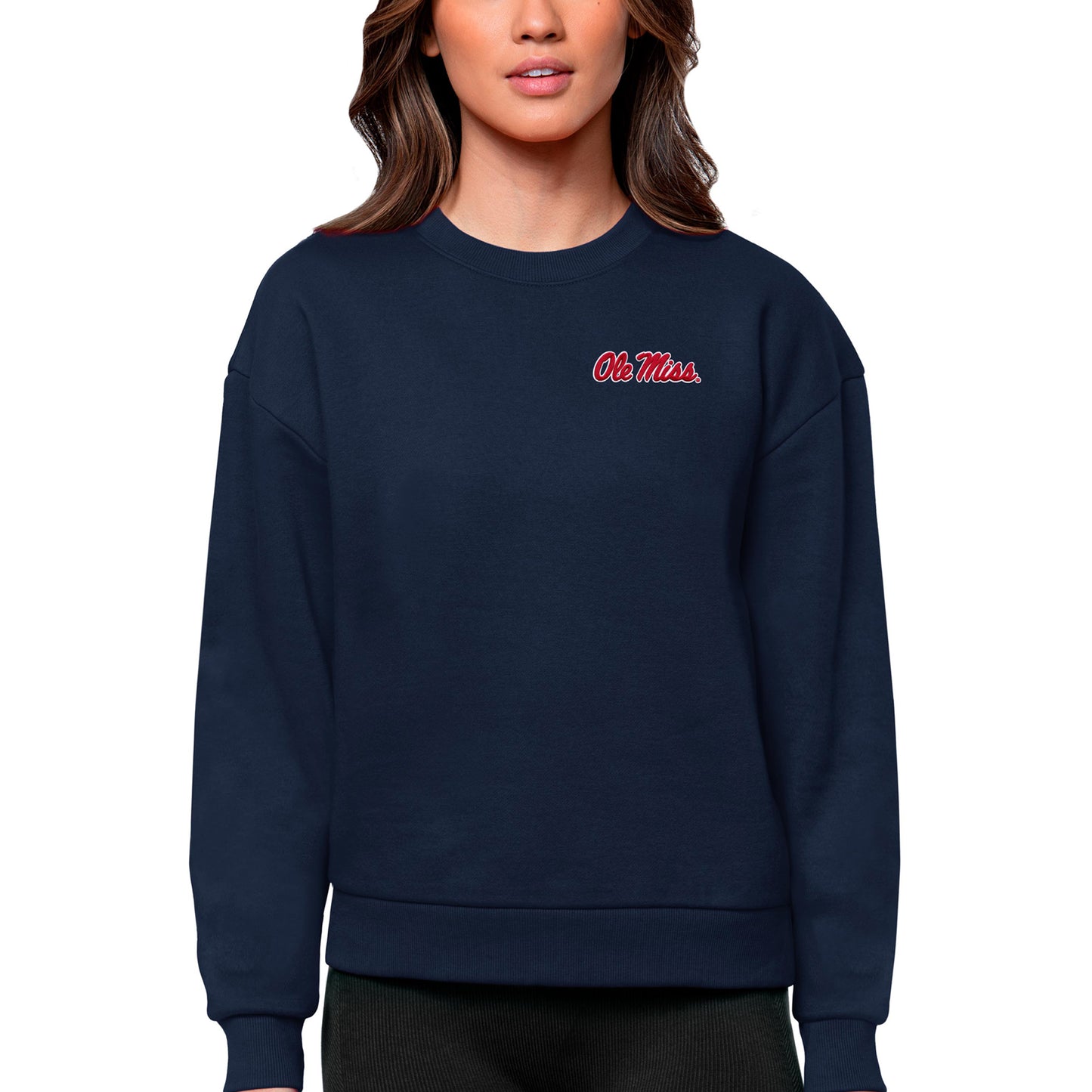 Women's Antigua Navy Ole Miss Rebels Logo Victory Crewneck Pullover Sweatshirt