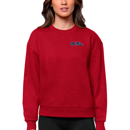 Women's Antigua Red Ole Miss Rebels Logo Victory Crewneck Pullover Sweatshirt