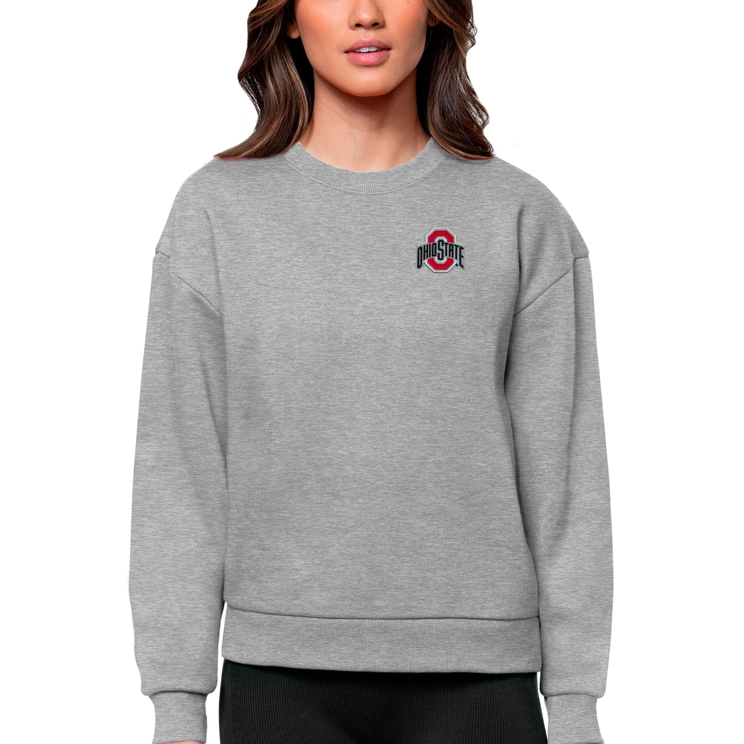 Women's Antigua Heather Gray Ohio State Buckeyes Logo Victory Crewneck Pullover Sweatshirt