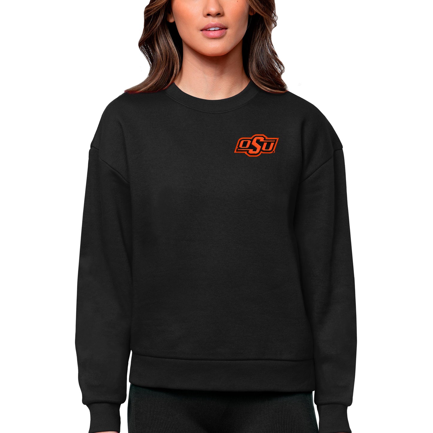 Women's Antigua Black Oklahoma State Cowboys Logo Victory Crewneck Pullover Sweatshirt