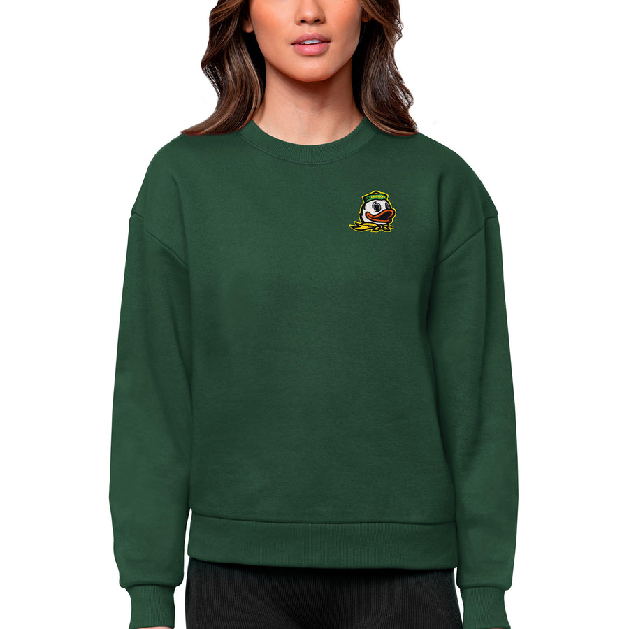 Women's Antigua Green Oregon Ducks Logo Victory Crewneck Pullover Sweatshirt