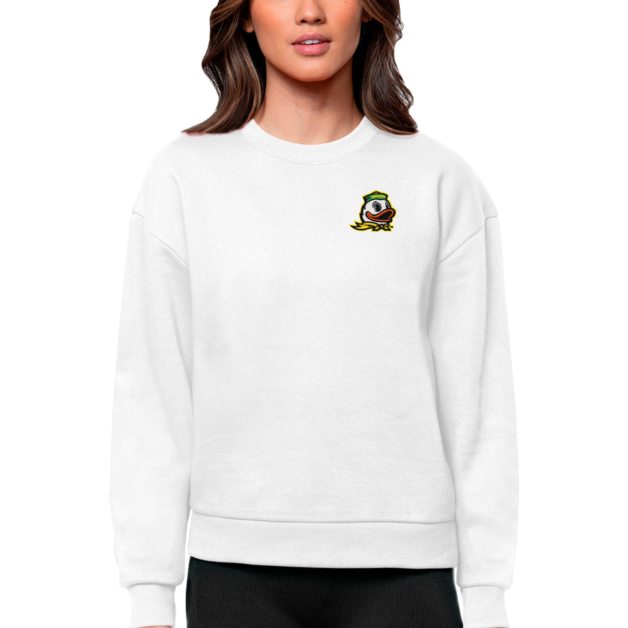 Women's Antigua White Oregon Ducks Logo Victory Crewneck Pullover Sweatshirt