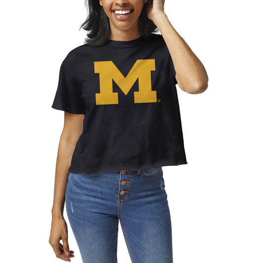 Women's League Collegiate Wear Navy Michigan Wolverines Clothesline Crop T-Shirt