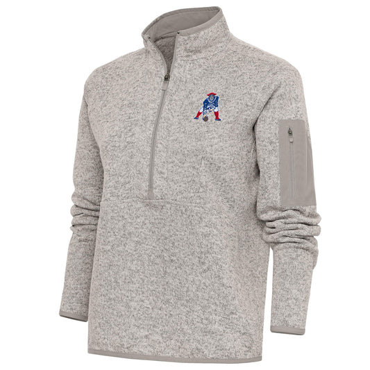 Women's Antigua Oatmeal New England Patriots Throwback Logo Fortune Half-Zip Pullover Jacket