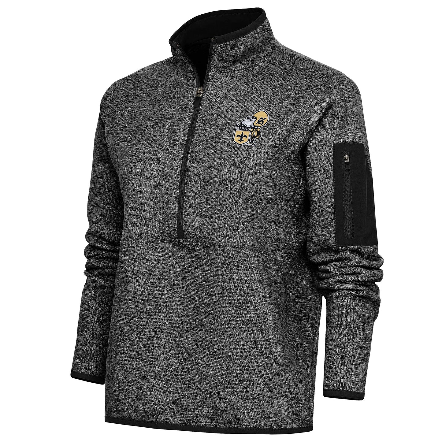 Women's Antigua Heather Black New Orleans Saints Throwback Logo Fortune Half-Zip Pullover Jacket