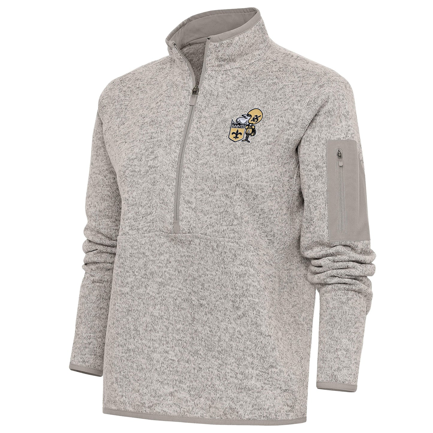 Women's Antigua Oatmeal New Orleans Saints Throwback Logo Fortune Half-Zip Pullover Jacket