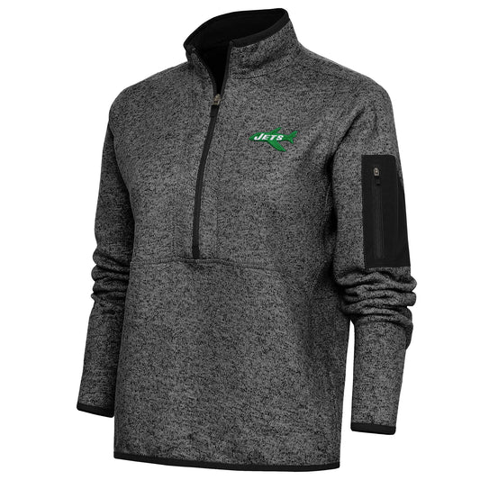 Women's Antigua Heather Black New York Jets Throwback Logo Fortune Half-Zip Pullover Jacket