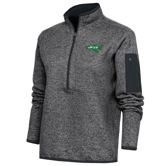 Women's Antigua Heather Charcoal New York Jets Throwback Logo Fortune Half-Zip Pullover Jacket