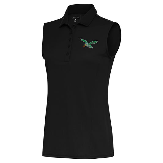 Women's Antigua Black Philadelphia Eagles Throwback Logo Sleeveless Tribute Polo