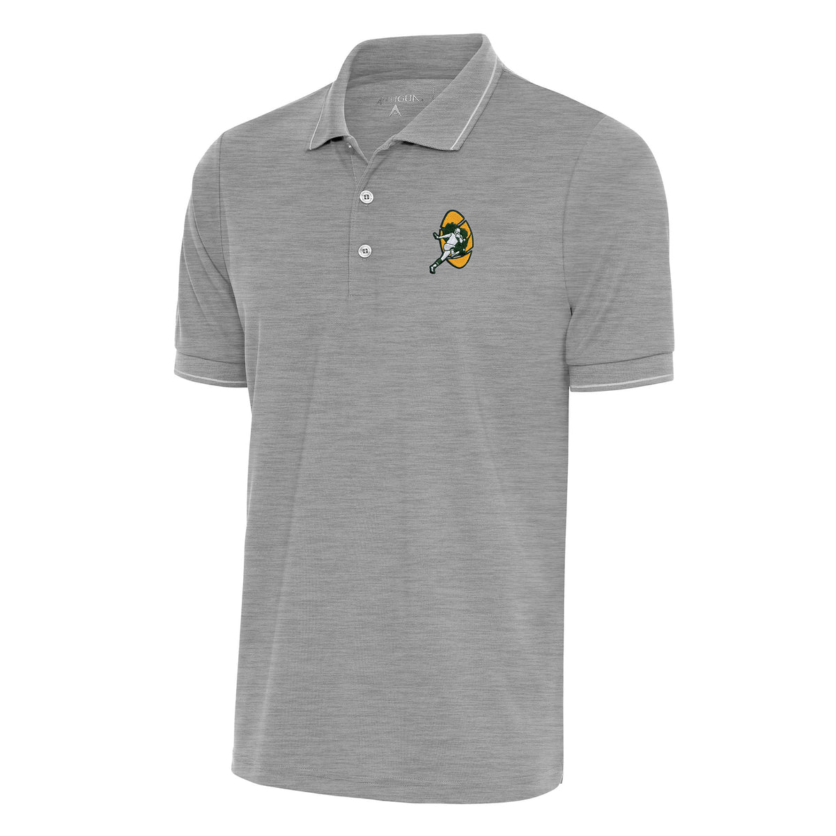 Men's Antigua Heather Gray Green Bay Packers Team Logo Throwback Affluent Polo