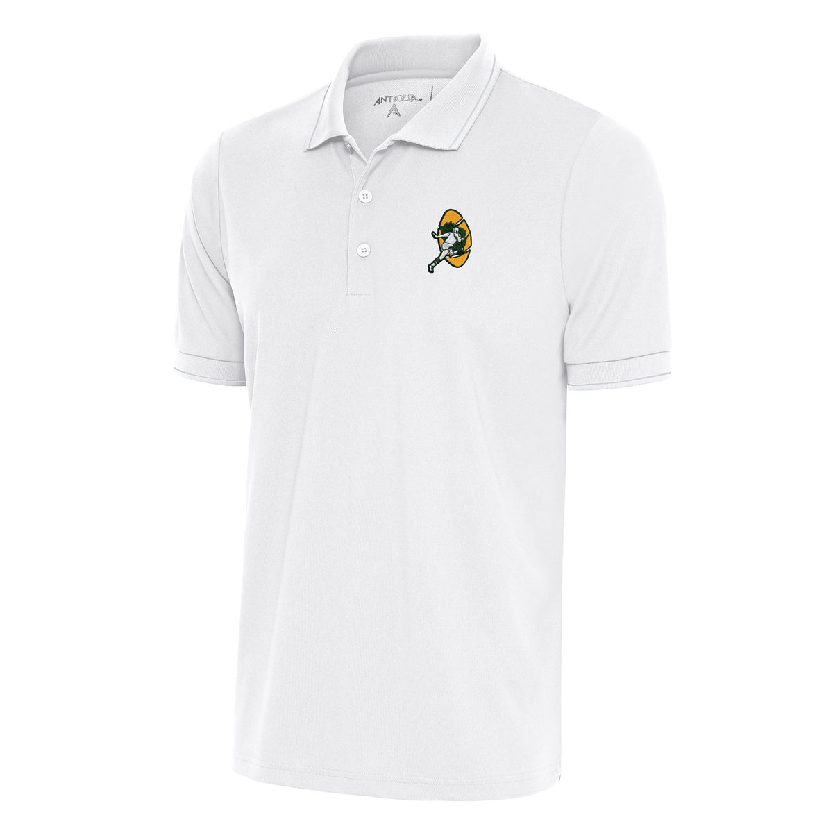 Men's Antigua White Green Bay Packers Team Logo Throwback Affluent Polo
