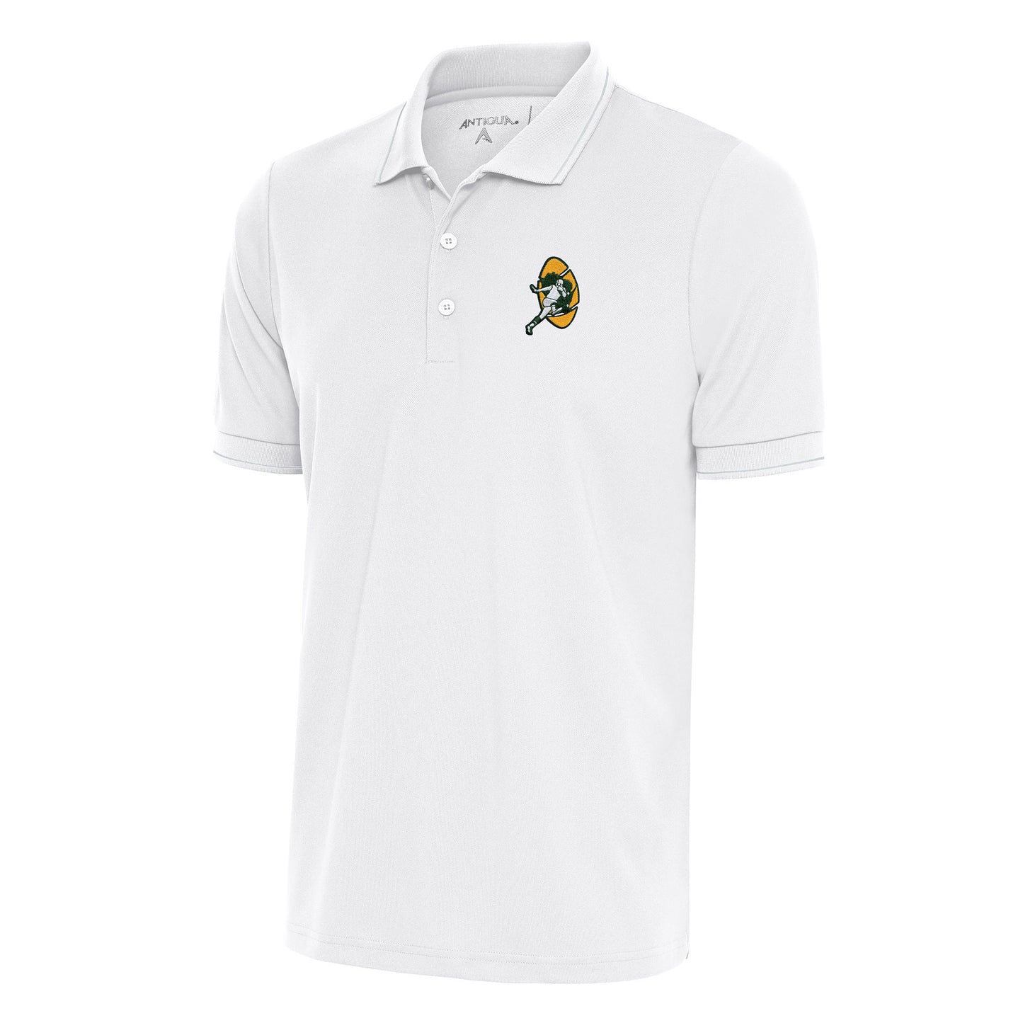 Men's Antigua White Green Bay Packers Team Logo Throwback Affluent Polo