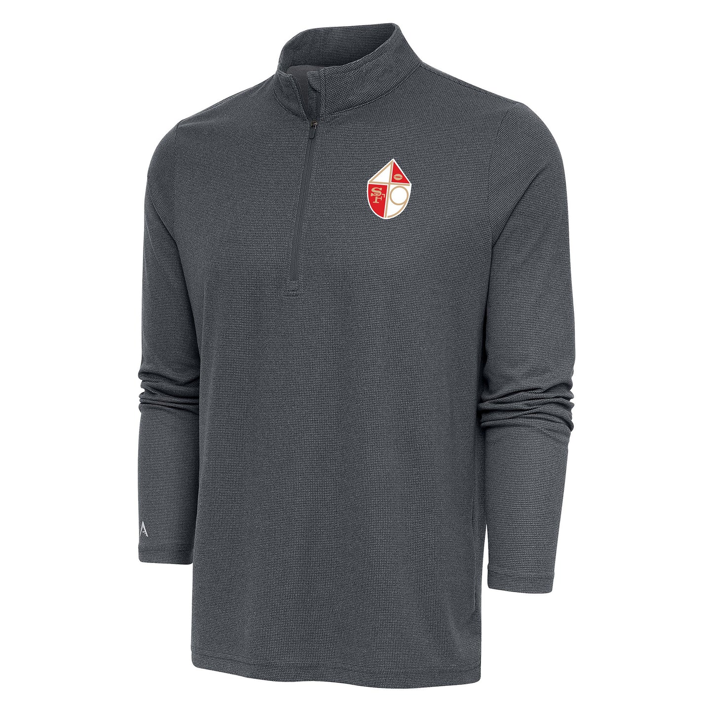 Men's Antigua Heather Charcoal San Francisco 49ers Team Logo Throwback Quarter-Zip Pullover Top