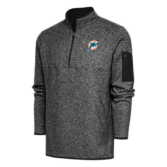 Men's Antigua Heather Black Miami Dolphins Throwback Fortune Quarter-Zip Pullover Jacket