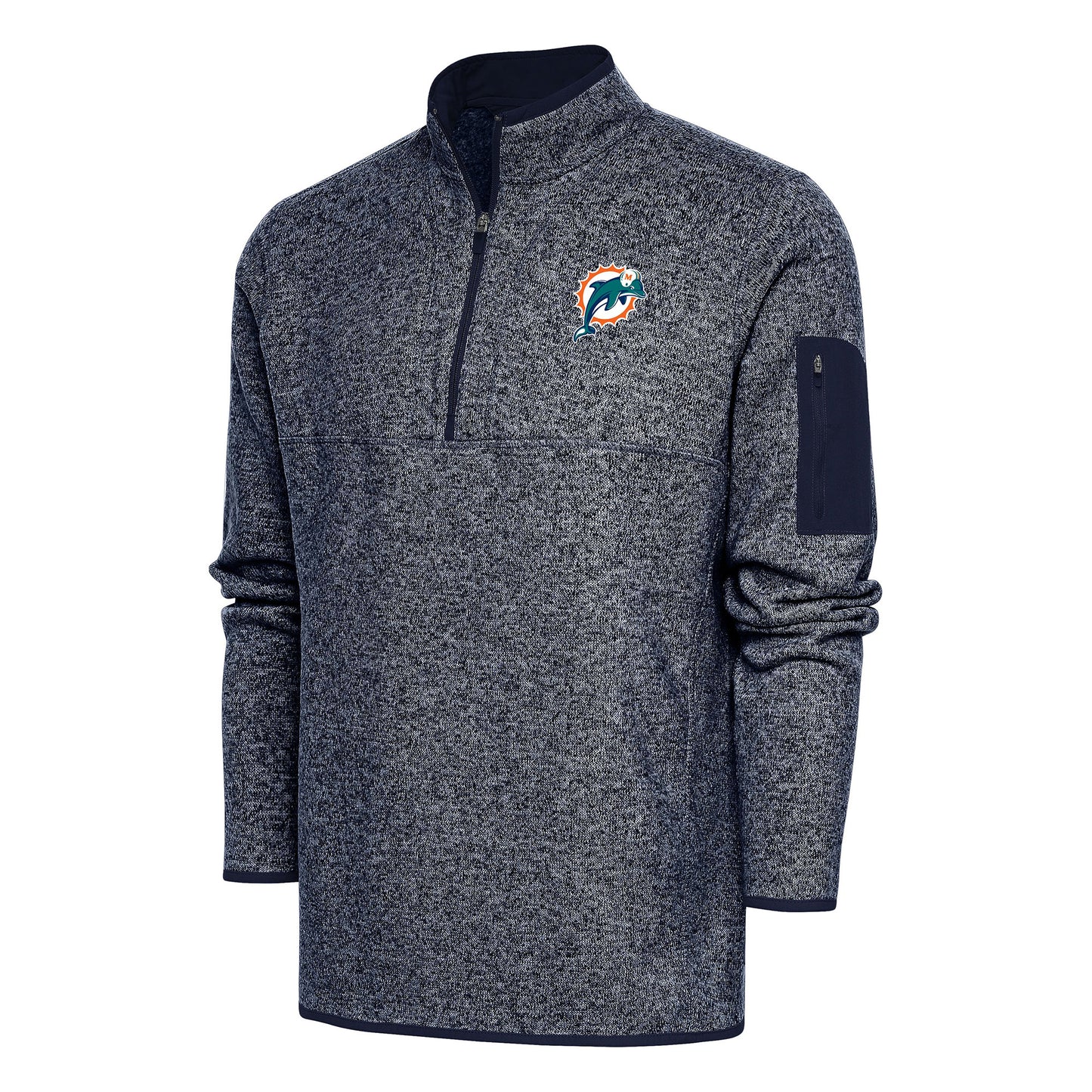 Men's Antigua Heather Navy Miami Dolphins Throwback Fortune Quarter-Zip Pullover Jacket