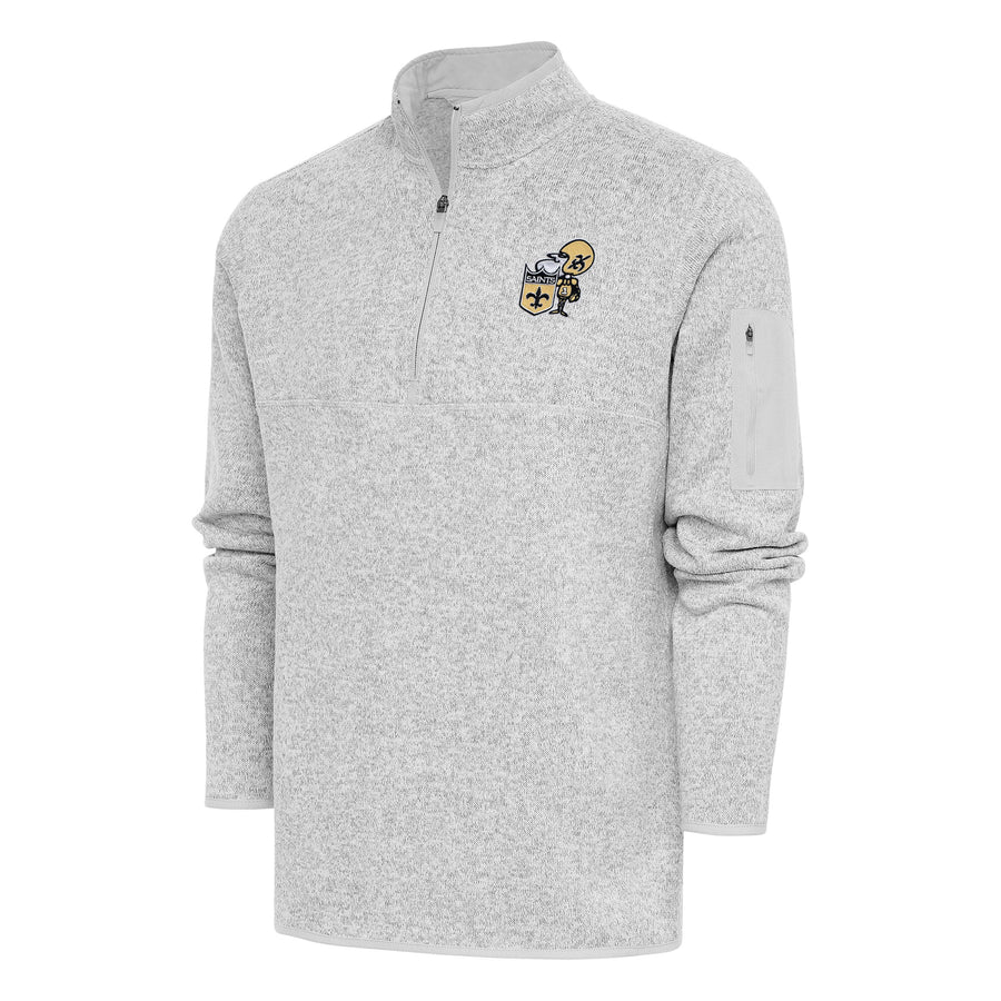 Men's Antigua Heather Gray New Orleans Saints Throwback Fortune Quarter-Zip Pullover Jacket