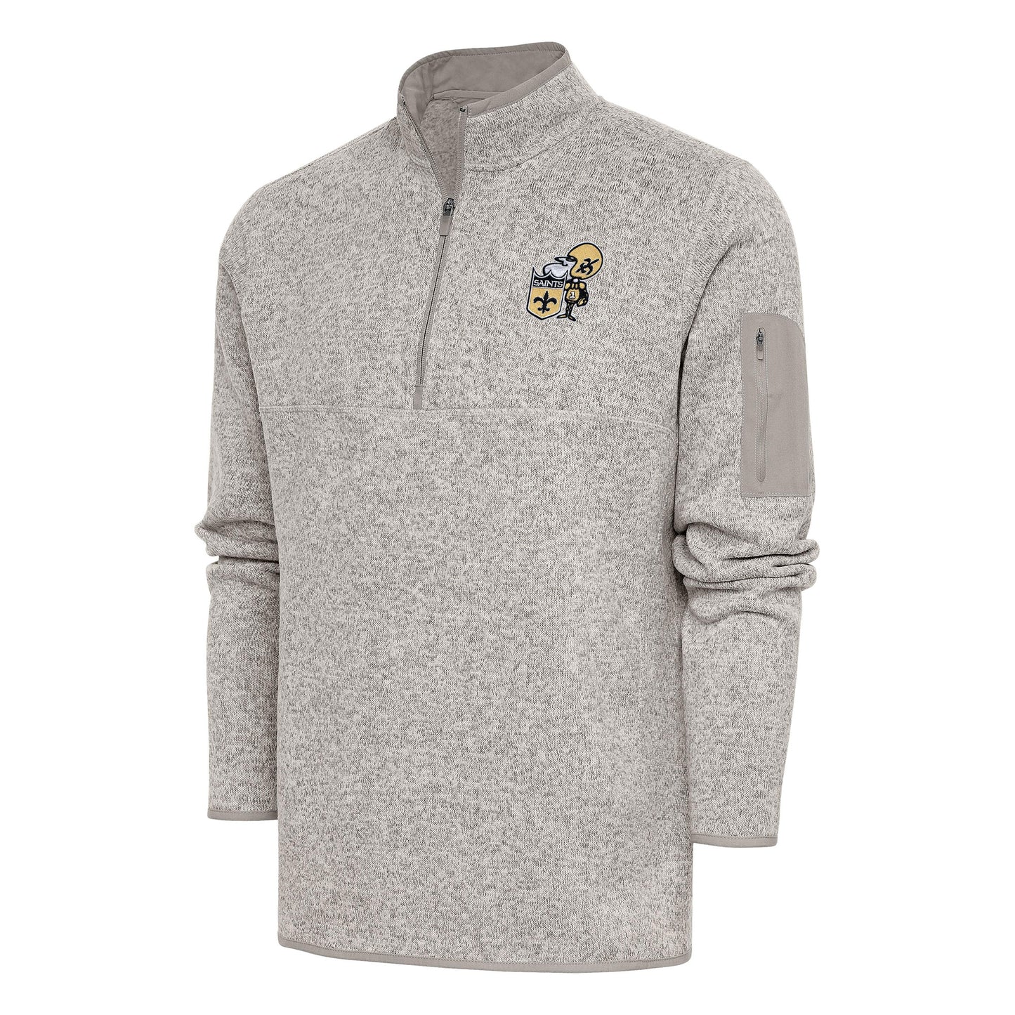 Men's Antigua Oatmeal New Orleans Saints Throwback Fortune Quarter-Zip Pullover Jacket