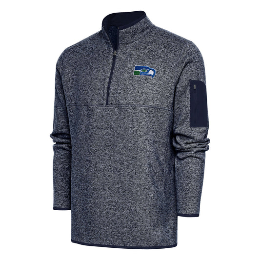 Men's Antigua Heather Navy Seattle Seahawks Throwback Fortune Quarter-Zip Pullover Jacket