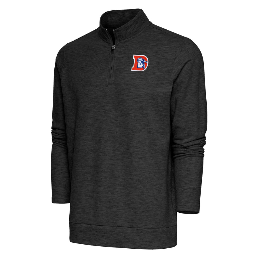 Men's Antigua Heather Black Denver Broncos Team Logo Throwback Gambit Quarter-Zip Pullover Top
