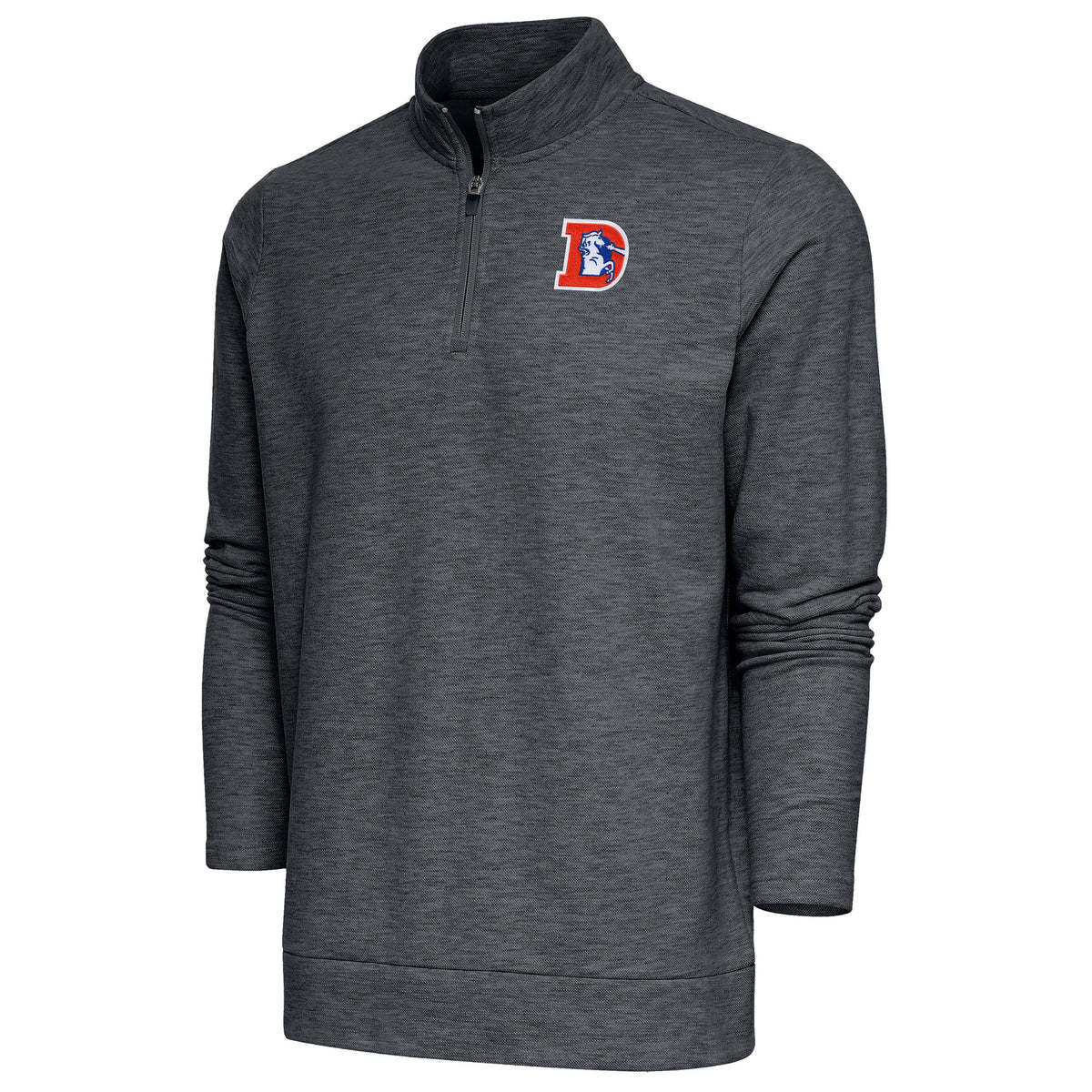 Men's Antigua Heather Charcoal Denver Broncos Team Logo Throwback Gambit Quarter-Zip Pullover Top
