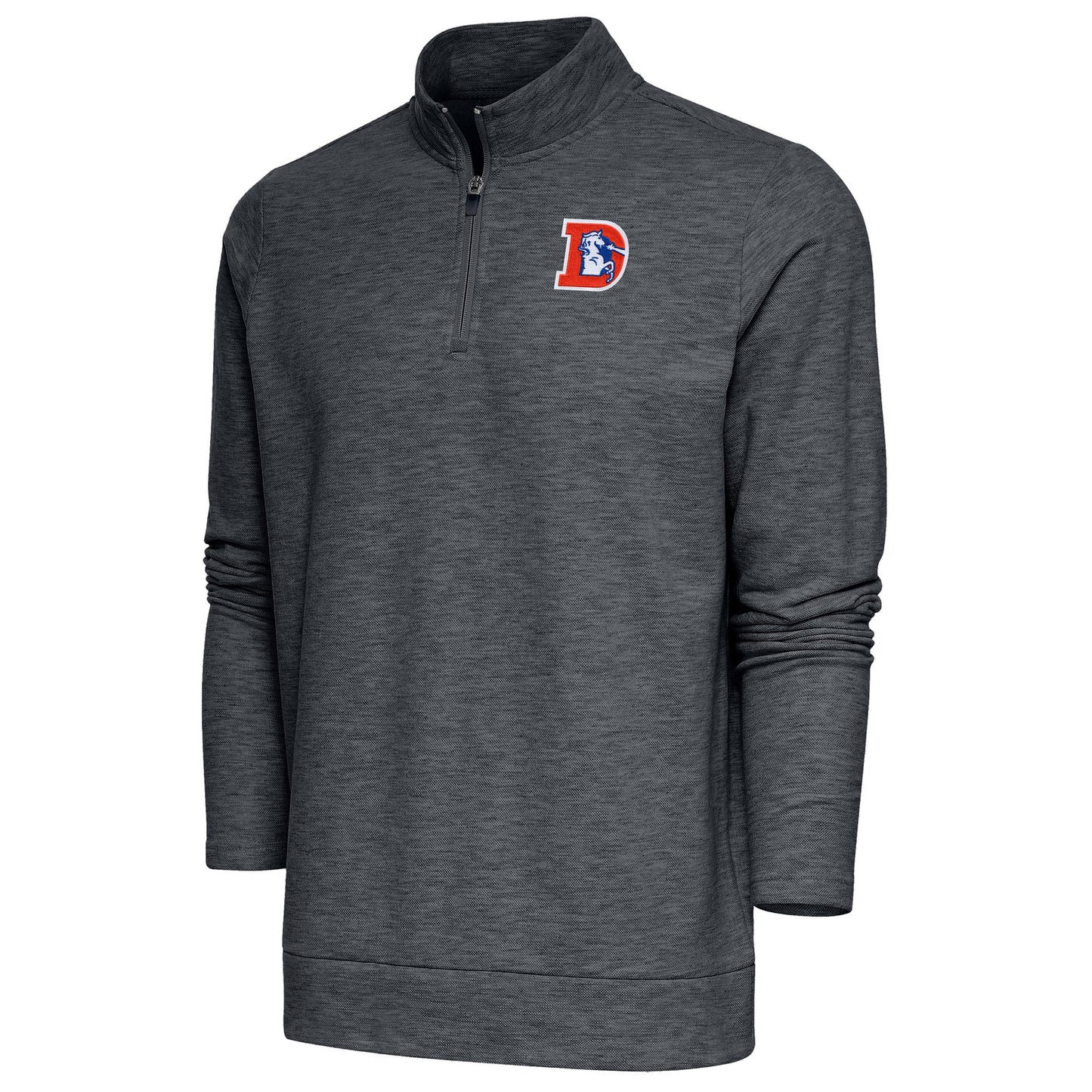 Men's Antigua Heather Charcoal Denver Broncos Team Logo Throwback Gambit Quarter-Zip Pullover Top
