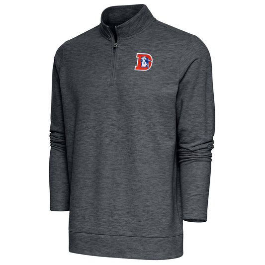 Men's Antigua Heather Charcoal Denver Broncos Team Logo Throwback Gambit Quarter-Zip Pullover Top