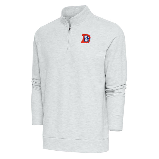 Men's Antigua Heather Gray Denver Broncos Team Logo Throwback Gambit Quarter-Zip Pullover Top