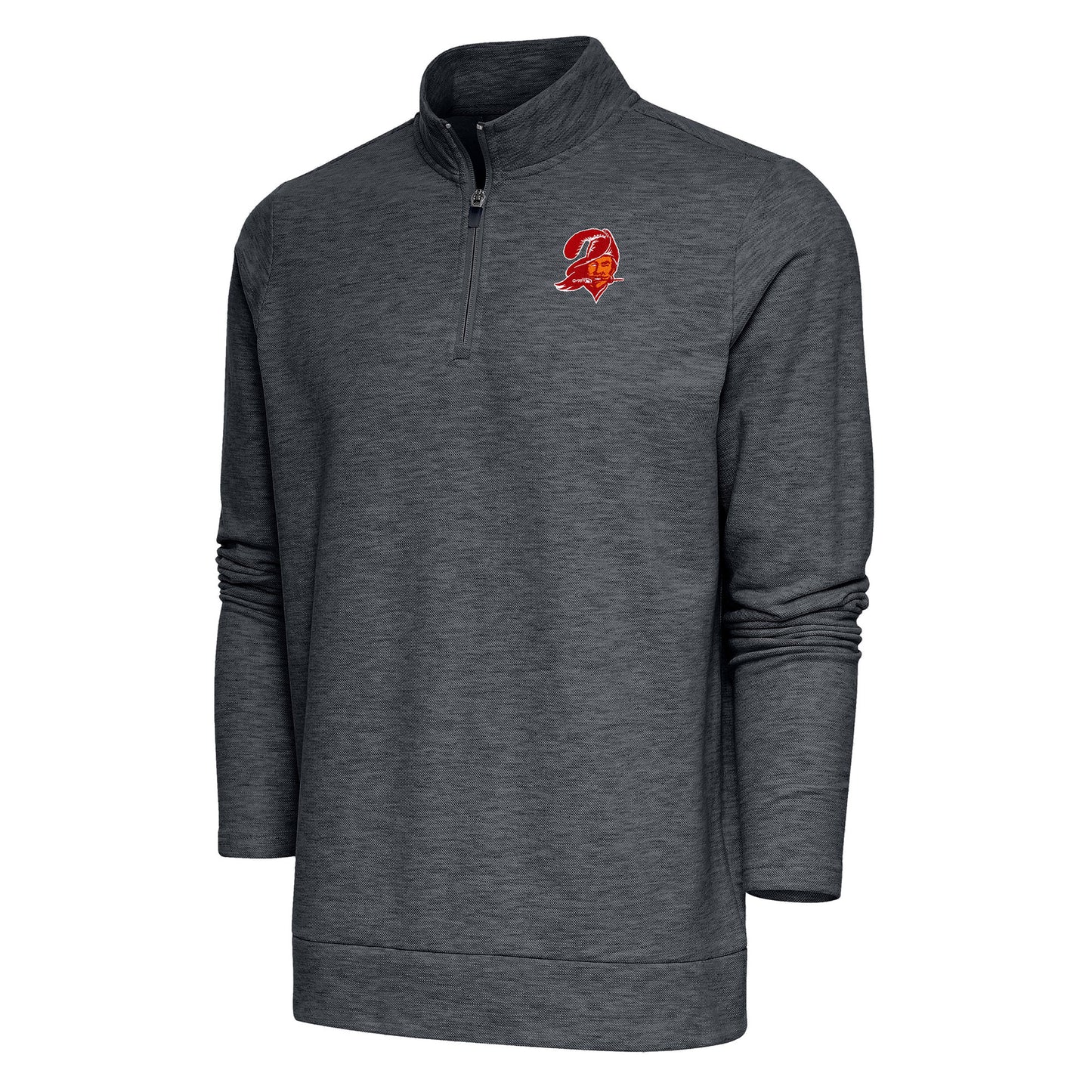 Men's Antigua Heather Charcoal Tampa Bay Buccaneers Team Logo Throwback Gambit Quarter-Zip Pullover Top