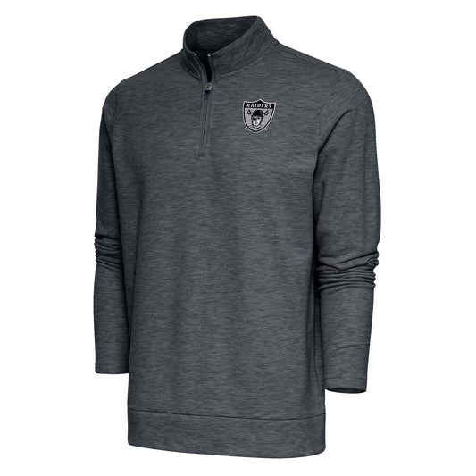 Men's Antigua Heather Charcoal Las Vegas Raiders Team Logo Throwback Gambit Quarter-Zip Pullover Top