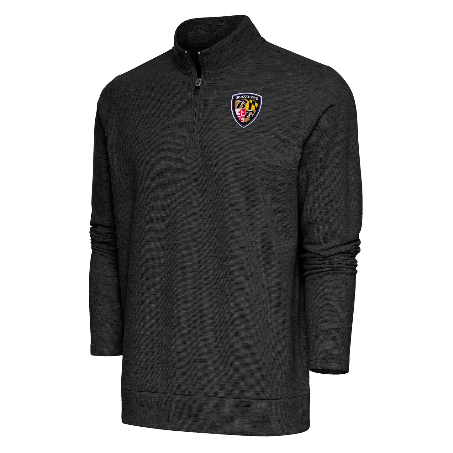 Men's Antigua Heather Black Baltimore Ravens Team Logo Throwback Gambit Quarter-Zip Pullover Top