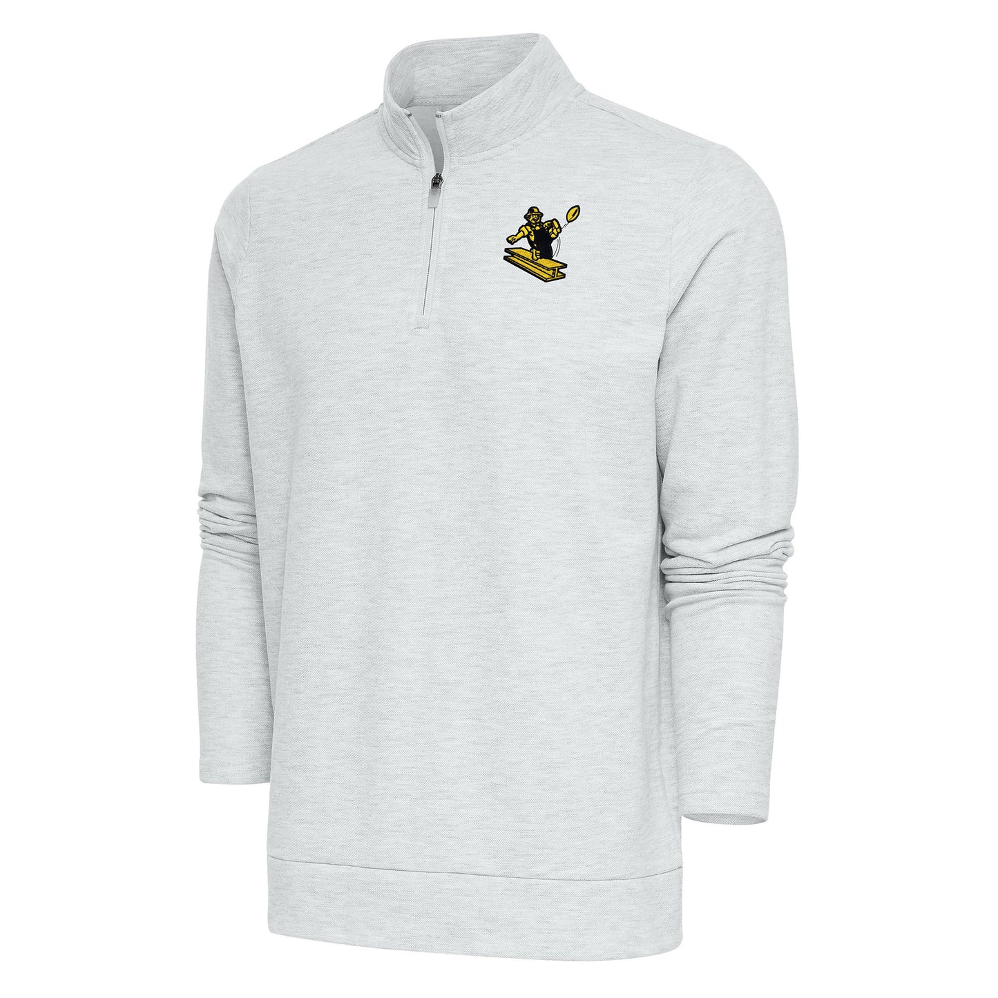 Men's Antigua Heather Gray Pittsburgh Steelers Team Logo Throwback Gambit Quarter-Zip Pullover Top