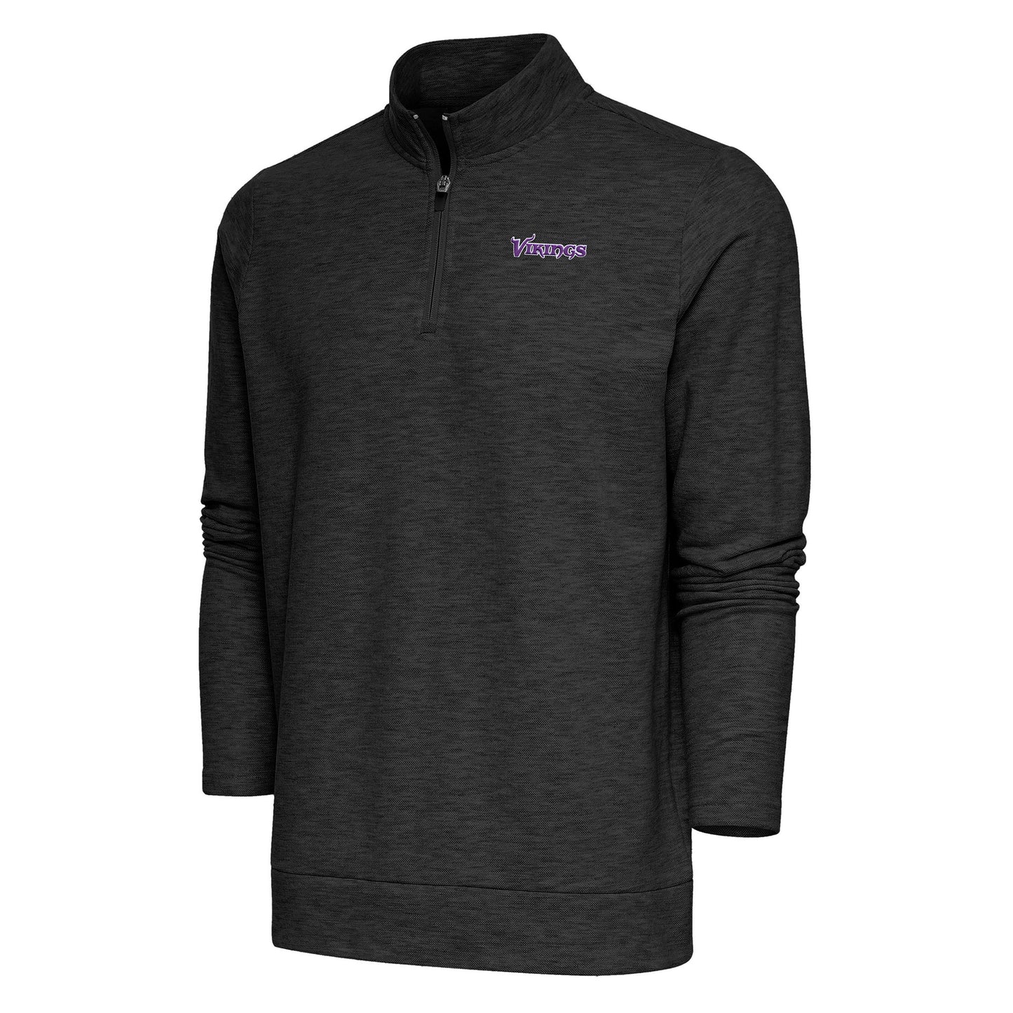 Men's Antigua Heather Black Minnesota Vikings Team Logo Throwback Gambit Quarter-Zip Pullover Top