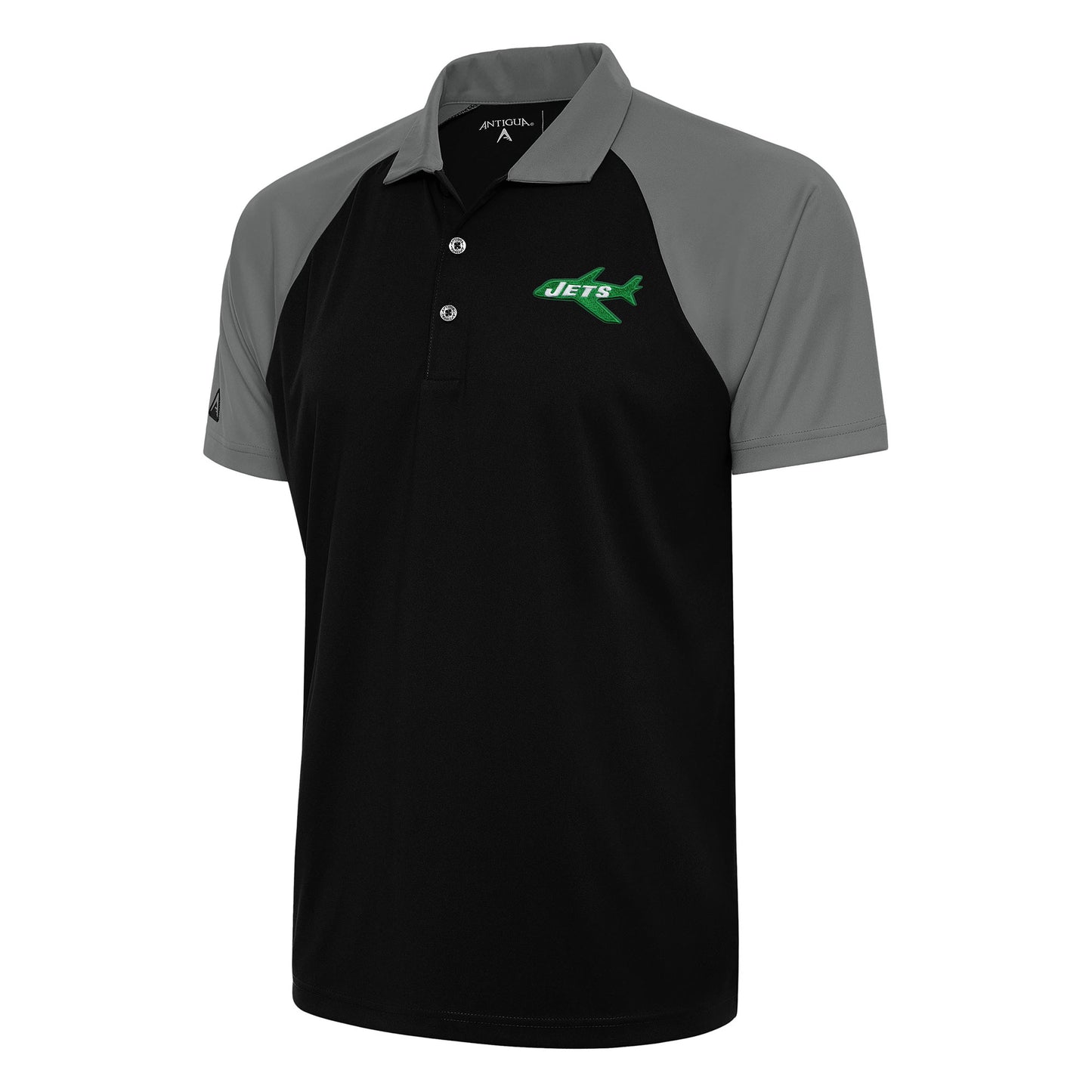 Men's Antigua Black/Steel New York Jets Team Logo Throwback Nova Polo