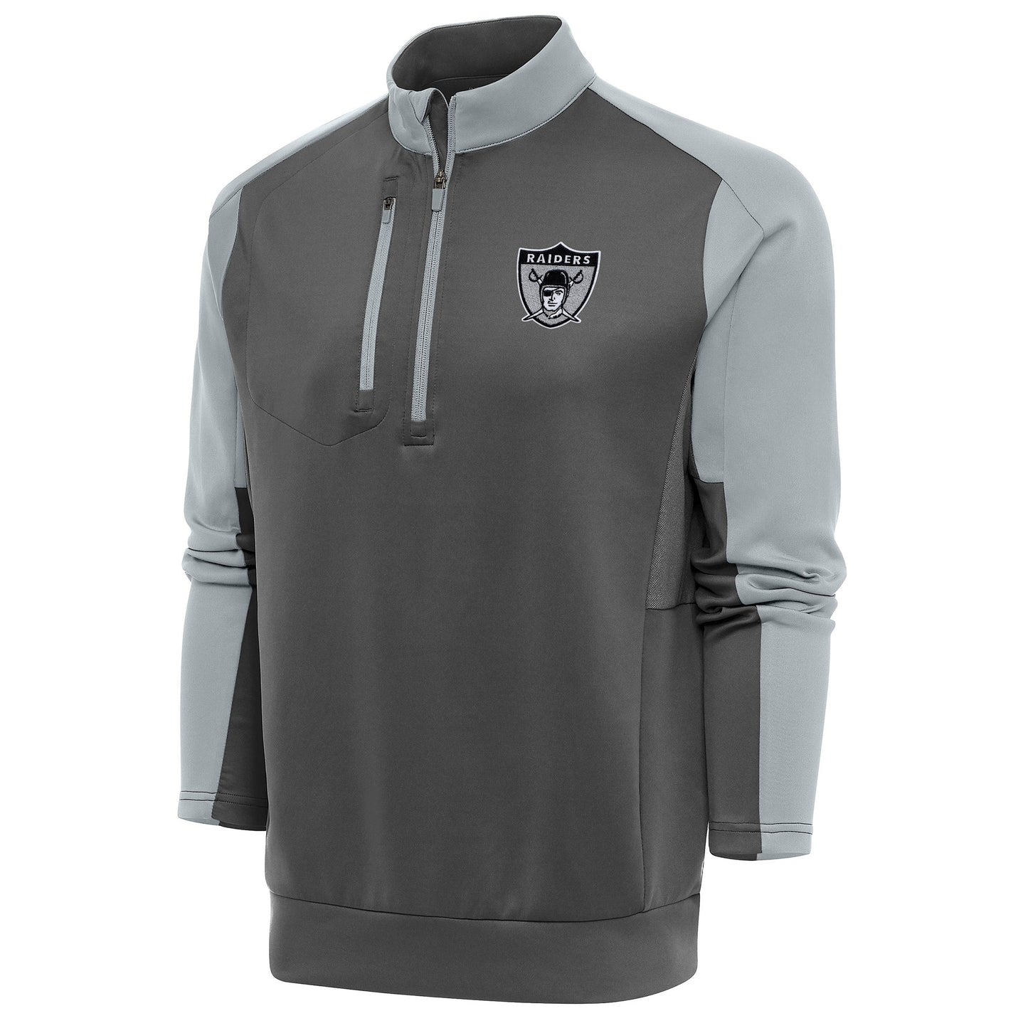 Men's Antigua Charcoal/Silver Las Vegas Raiders Team Logo Throwback Team Quarter-Zip Pullover Top