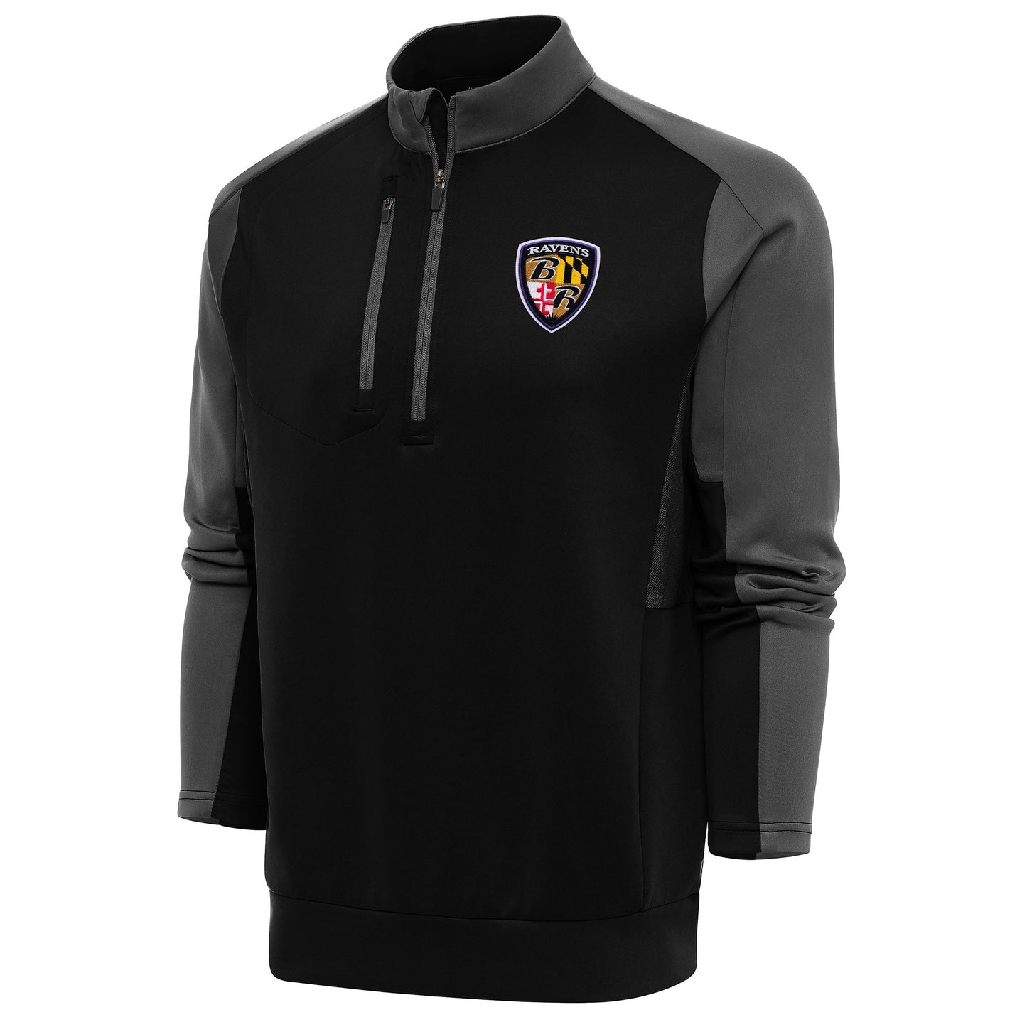 Men's Antigua Black/Charcoal Baltimore Ravens Team Logo Throwback Team Quarter-Zip Pullover Top