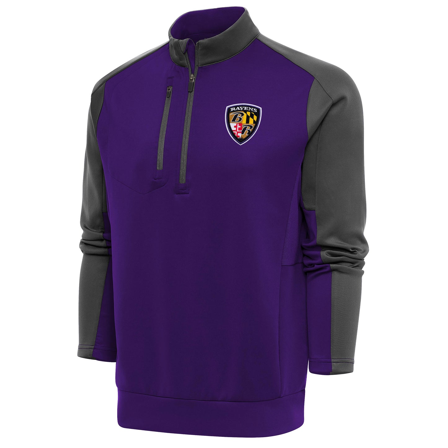 Men's Antigua Purple/Charcoal Baltimore Ravens Team Logo Throwback Team Quarter-Zip Pullover Top