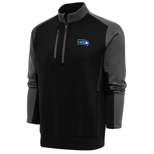 Men's Antigua Black/Charcoal Seattle Seahawks Team Logo Throwback Team Quarter-Zip Pullover Top