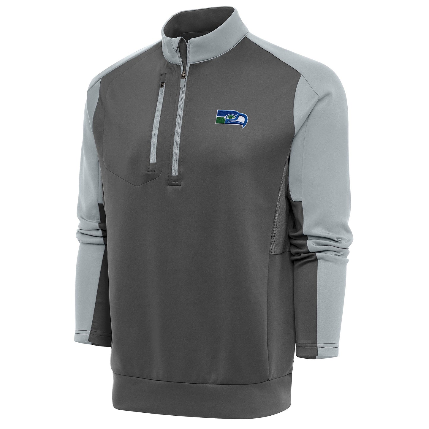 Men's Antigua Charcoal/Silver Seattle Seahawks Team Logo Throwback Team Quarter-Zip Pullover Top