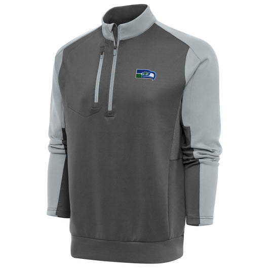 Men's Antigua Charcoal/Silver Seattle Seahawks Team Logo Throwback Team Quarter-Zip Pullover Top