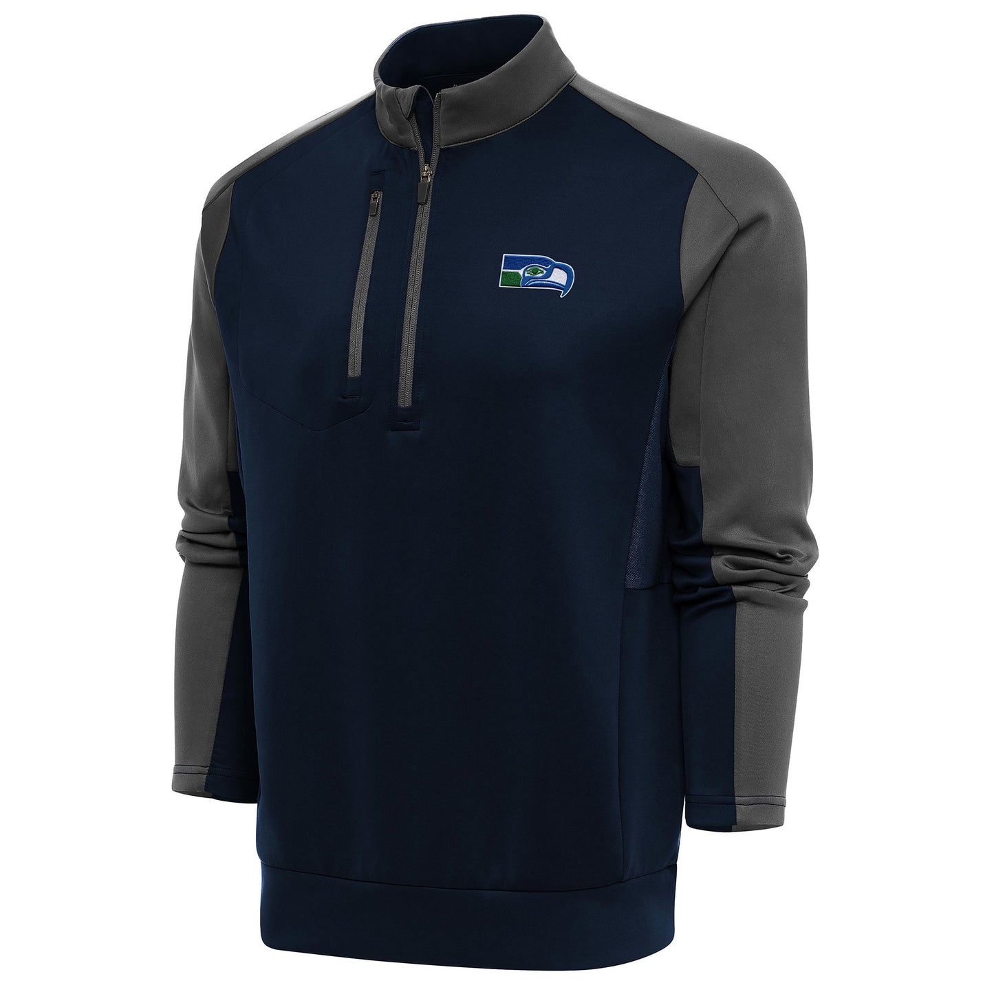 Men's Antigua Navy/Charcoal Seattle Seahawks Team Logo Throwback Team Quarter-Zip Pullover Top