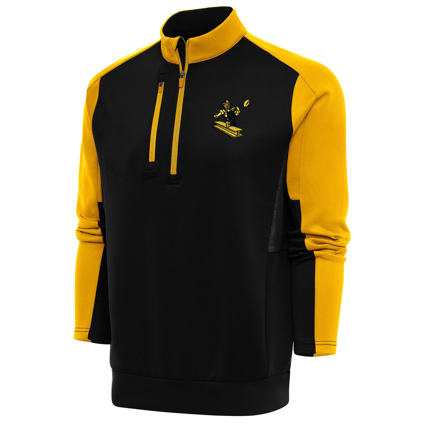 Men's Antigua Black/Gold Pittsburgh Steelers Team Logo Throwback Team Quarter-Zip Pullover Top