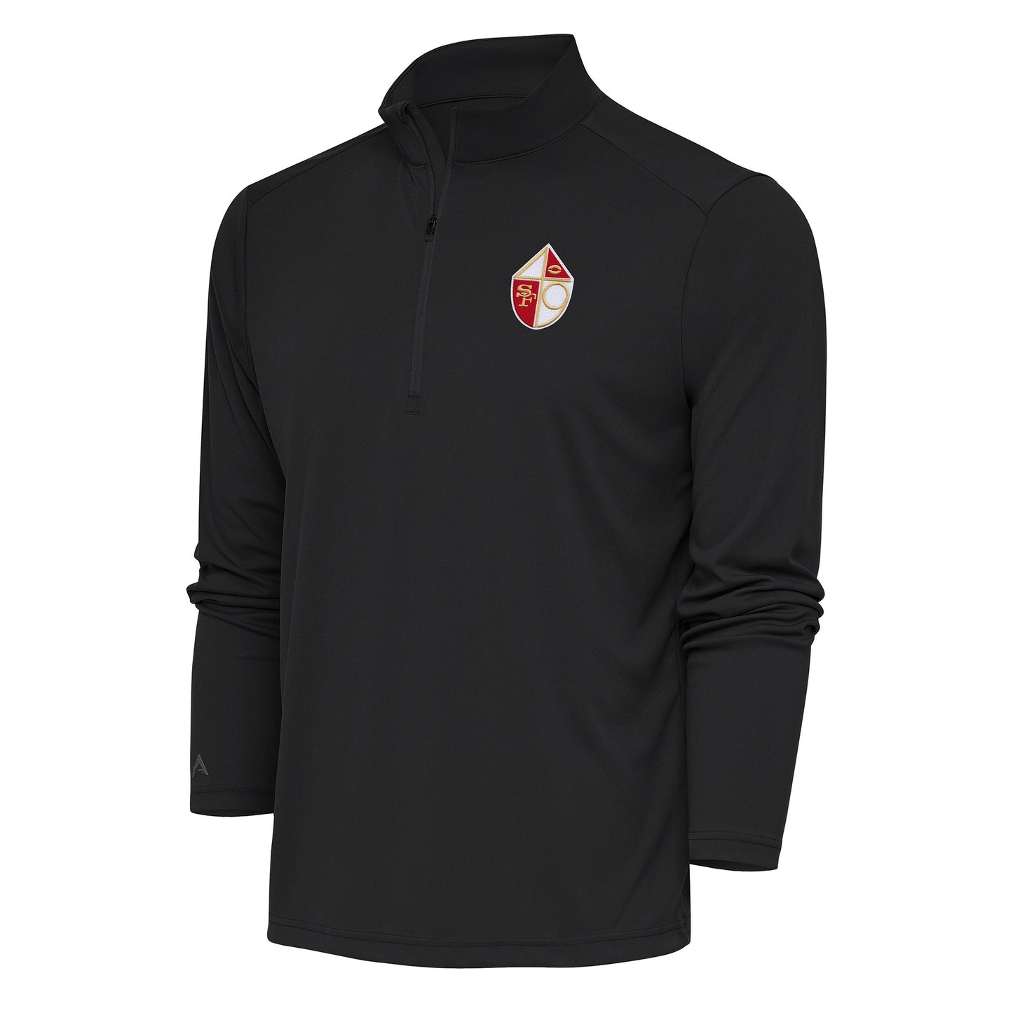 Men's Antigua Charcoal San Francisco 49ers Team Logo Throwback Tribute Quarter-Zip Pullover Top
